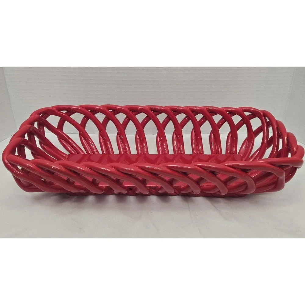 Pioneer Woman Bread Fruit Bowl Basket Stoneware Christmas Red Open Weave Lattice